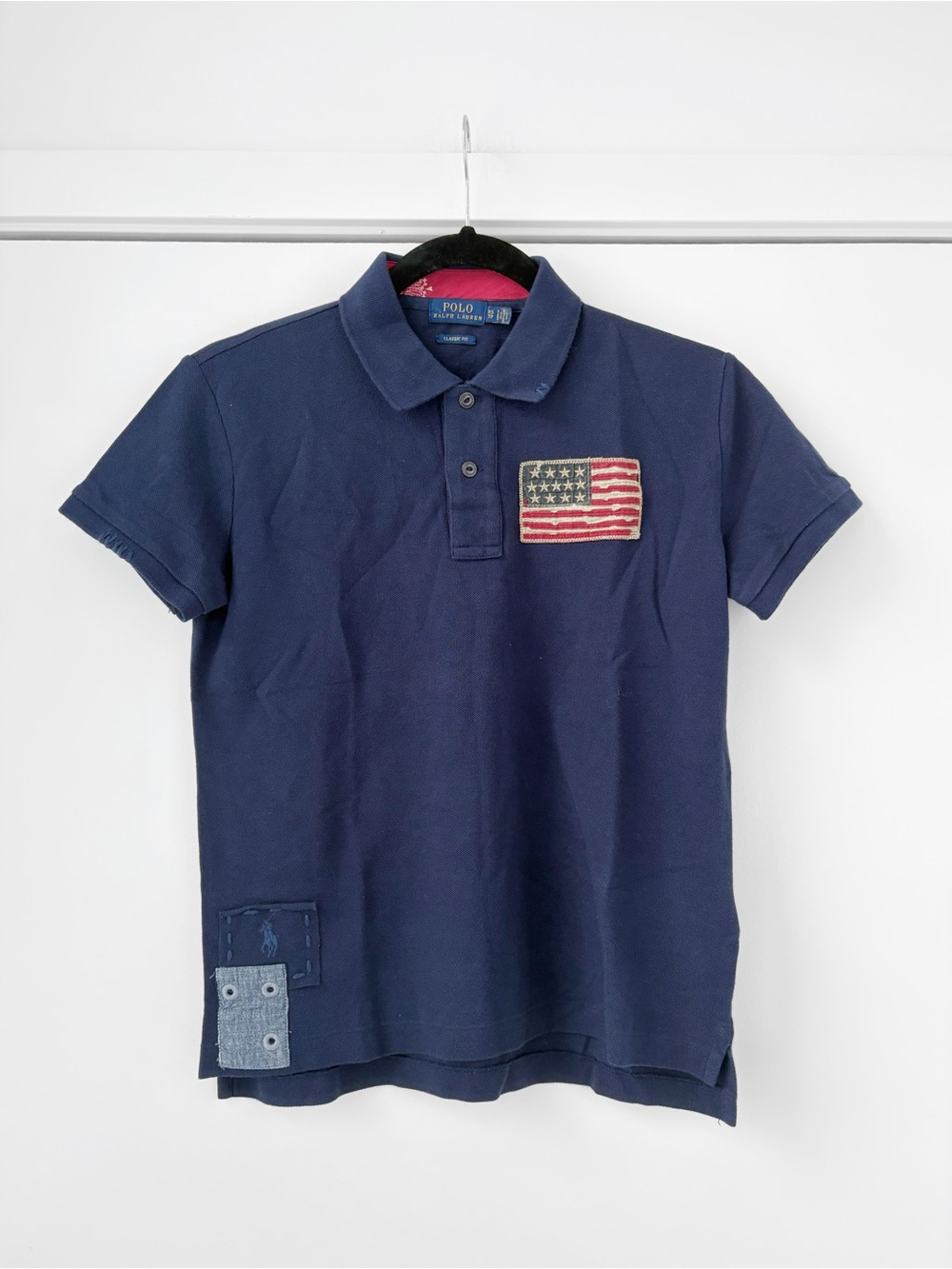 Polo Ralph Lauren Vintage USA Flag Collar T-shirt Big Logo Blue XS